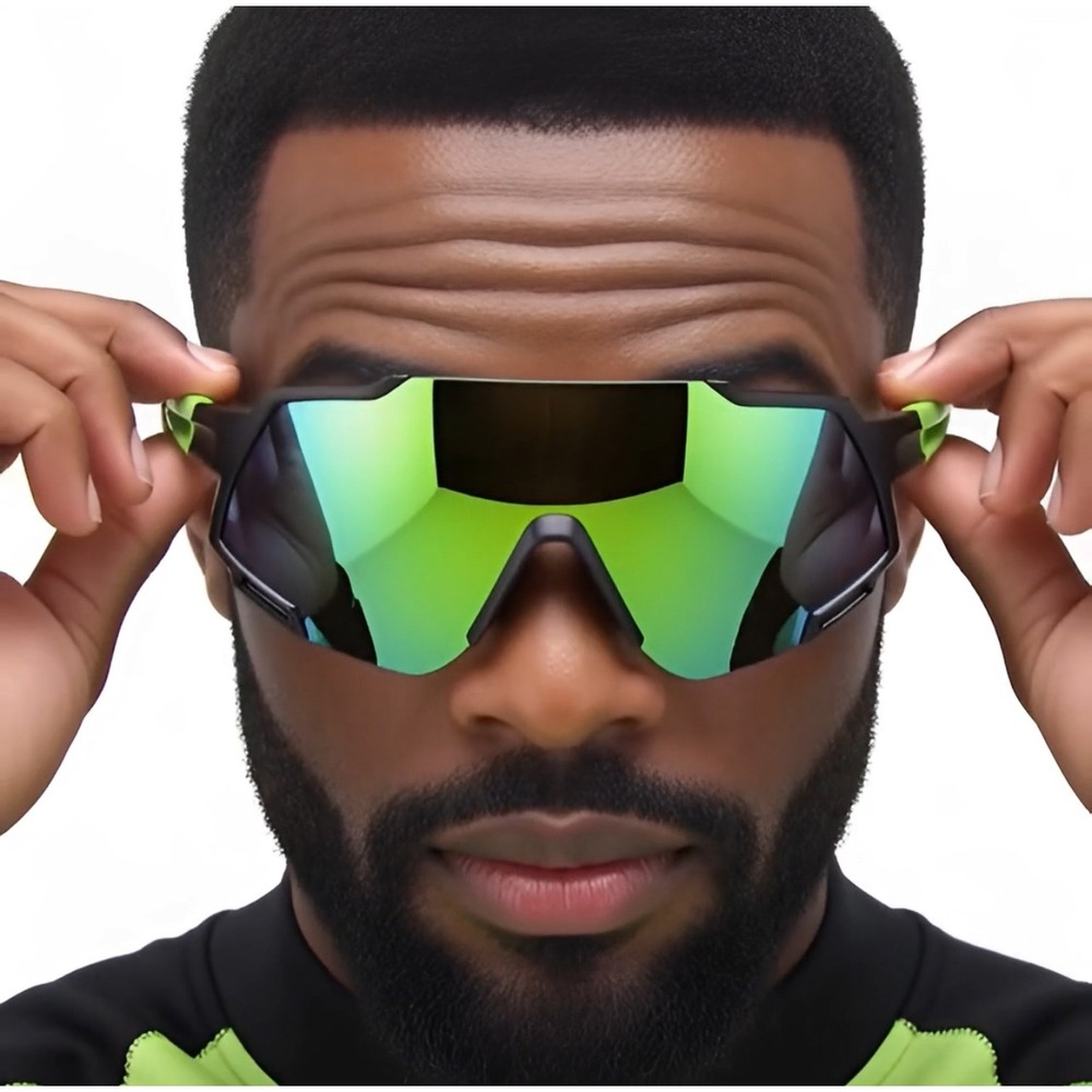 Mens Sport Sunglasses Black Green Mirror Lens UV Blocking Cycling Eyewear Gafas